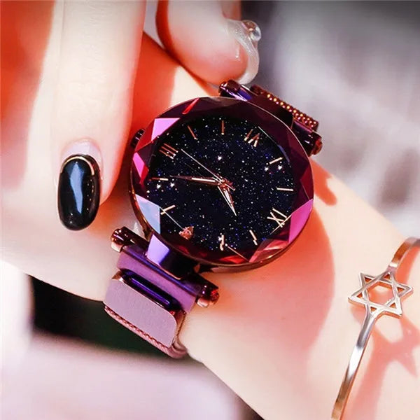 Womens Fashion Starry Sky Watches Magnet Buckle Mesh Belt