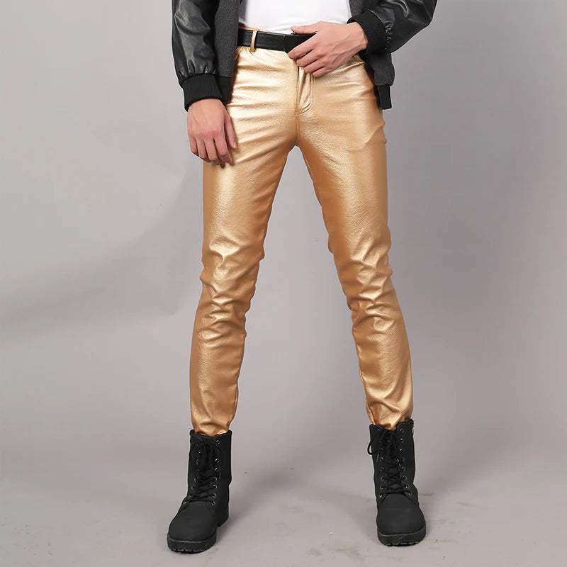 Elastic PU Leather Pants Mens Slim Stretch Trousers Thin Velvet Windproof Motorcycle Trousers Outdoor Work Biker Leather Pants