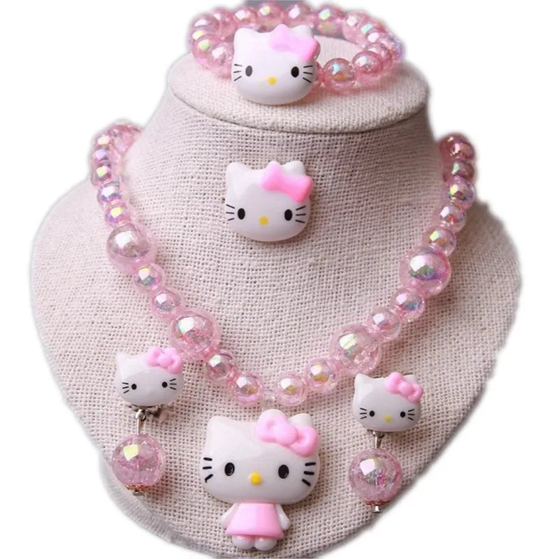 4pcs/set Cartoon Kawaii Hello Kitty Necklace Hairclips Ring Set Toy Kids Hairpins Girl Heart Accessories Birthday Gifts