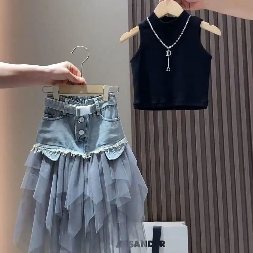 Girls' Summer New Set 2025 Korean Version Baby Girl Tank Top Mesh Splicing Cowboy Skirt Set kids jacket