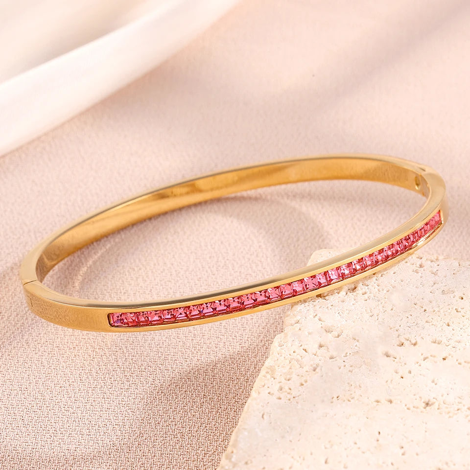 Yupsk 4pcs/1pcs Green Pink Zircon Stainless Steel Bracelet for Women Versatile Stacking Bangles Valentine's Day Jewelry Gift