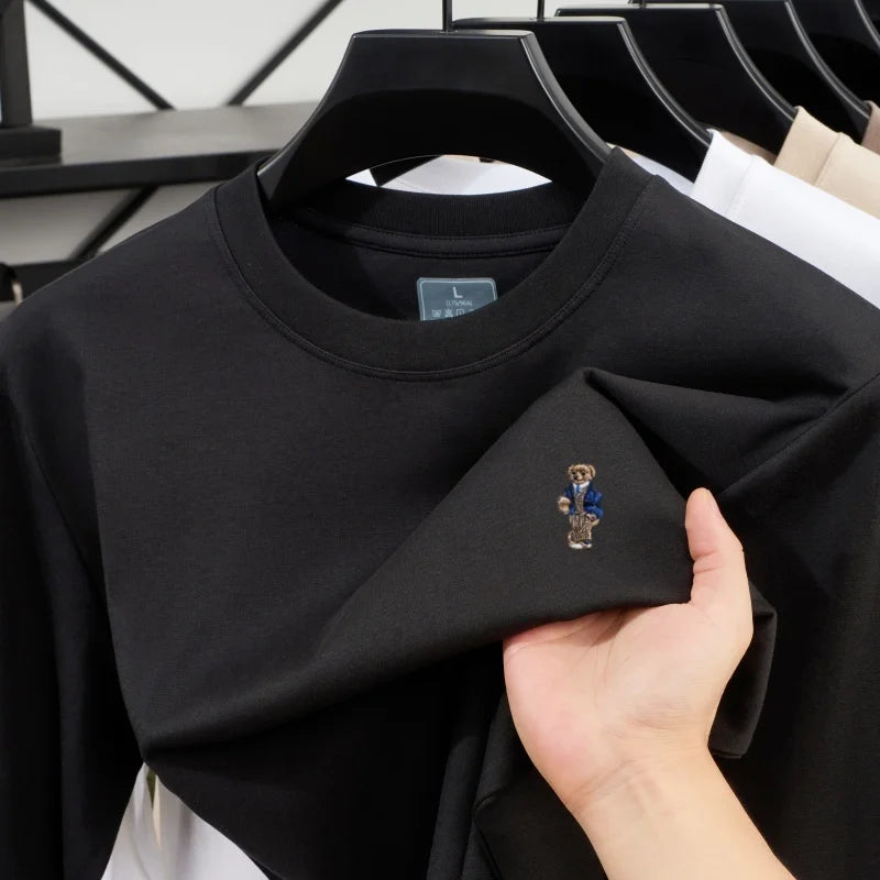 High-quality Men's luxury spring autumn long sleeve T-shirt round neck commuting versatile exquisite teddy bear embroidered top