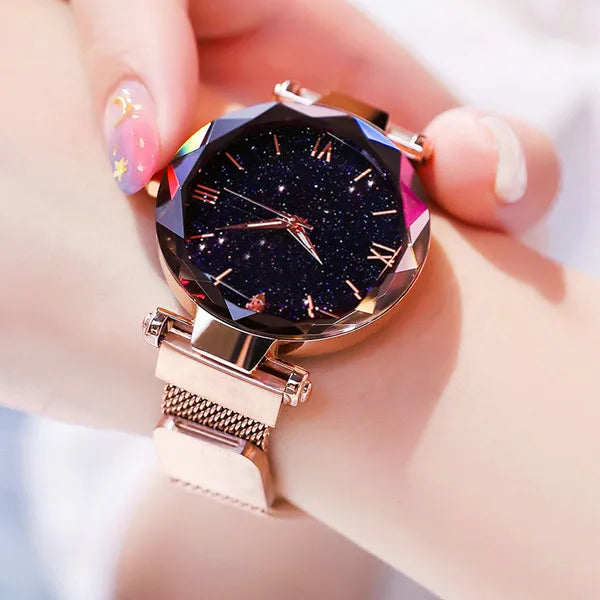 Womens Fashion Starry Sky Watches Magnet Buckle Mesh Belt