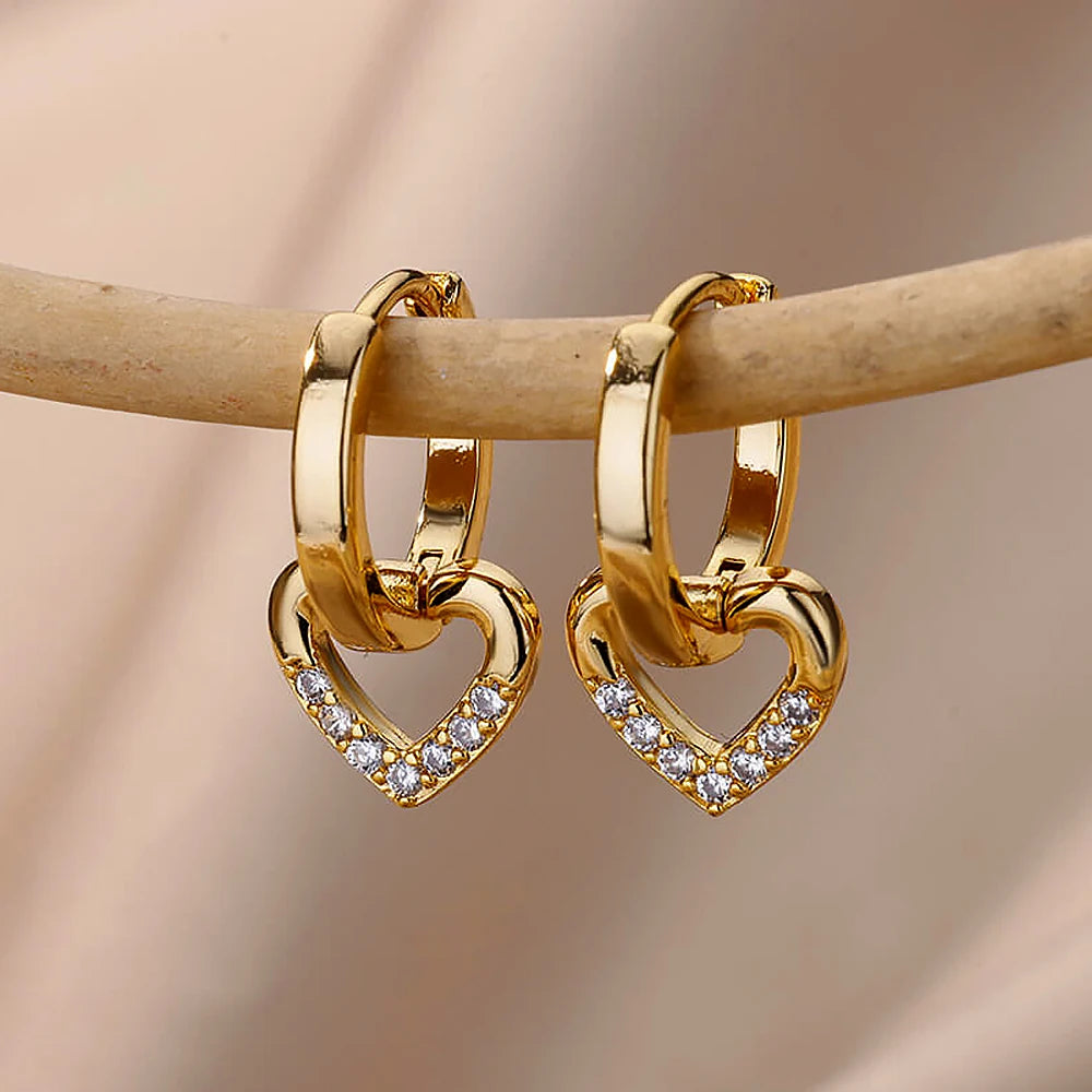 Hollow Zircon Heart Earrings For Women Stainless Steel Gold Color.