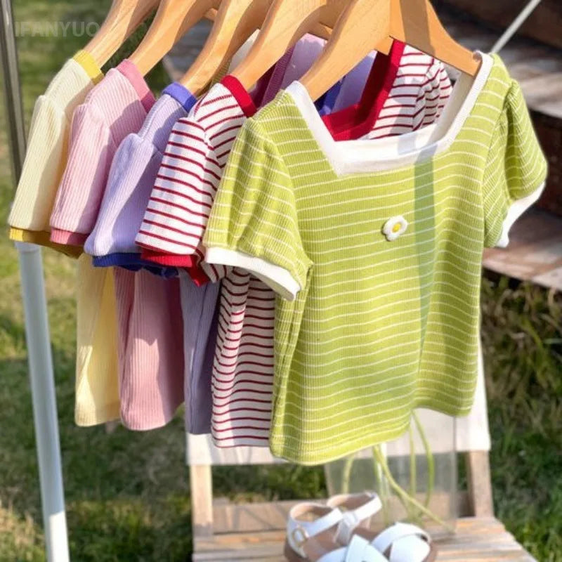 1-7Y Children's Short Sleeved T-shirt 2025 Summer New Girls Square Neck Shirts Cute Stylish Baby Breathable Half Dleeved Tops