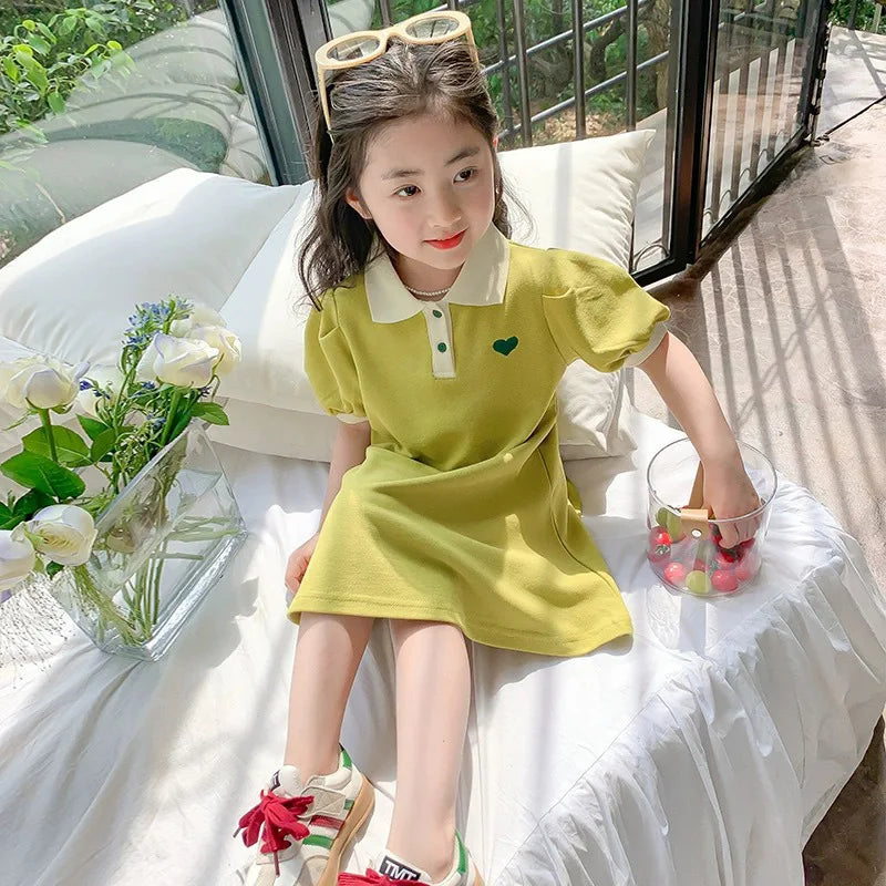 2026 Korean dress  children girls' summer lapel with embroidery  ruffle hem princess dress1-6Y