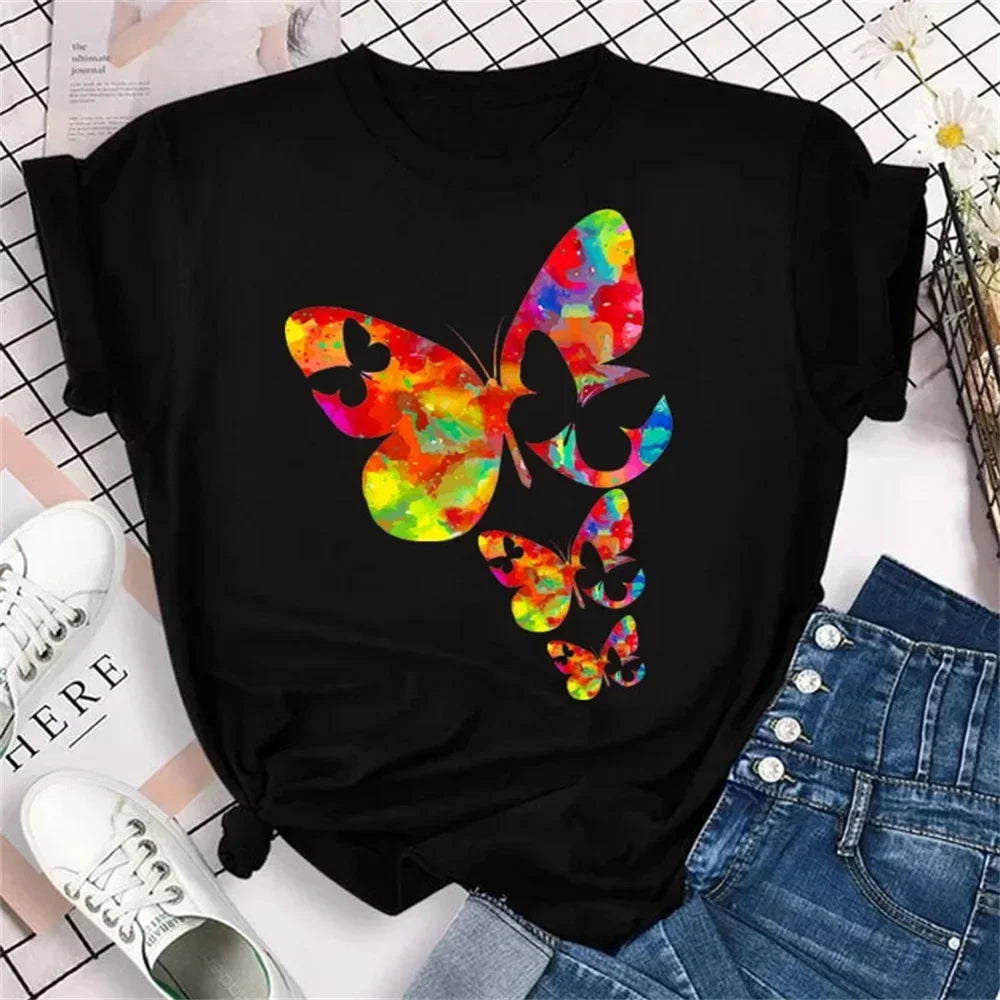 Colorful Butterfly Petal Print Short Sleeve and Round Neck Cute Graphic Tee Shirts Female Tops Clothing .
