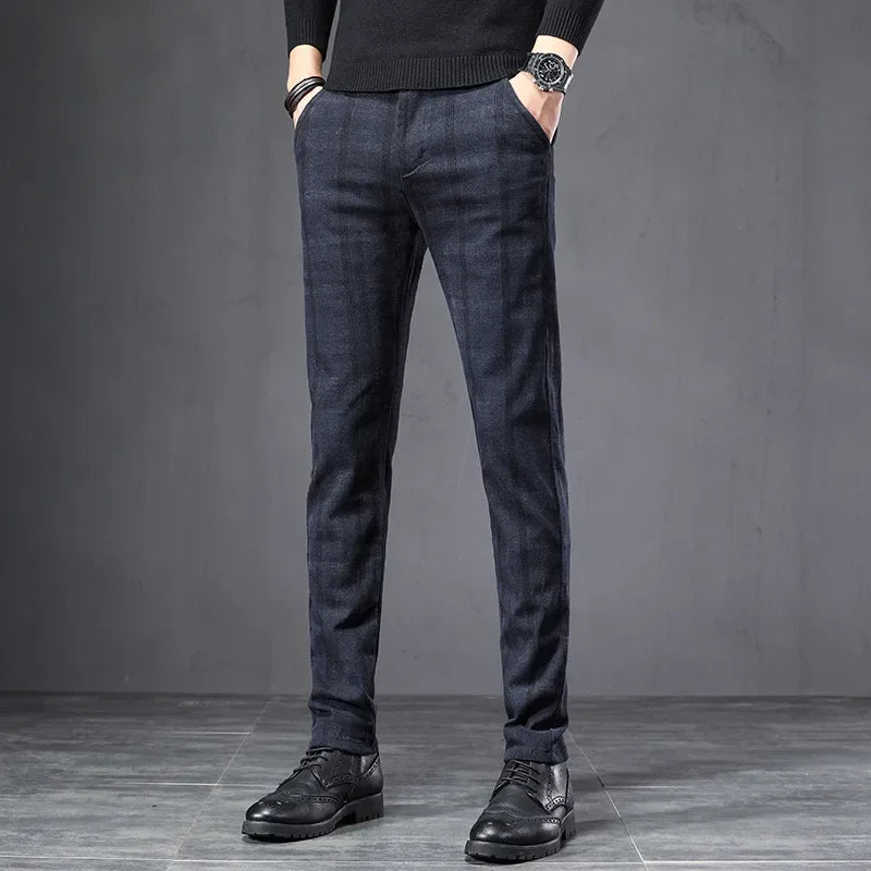 Autumn Men's Brushed Plaid Casual Pants Korean Style Gray Elastic Straight Slim Fit Fashionable Work Pants Blue and Black Male