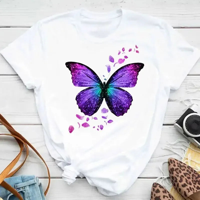 Colorful Butterfly Petal Print Short Sleeve and Round Neck Cute Graphic Tee Shirts Female Tops Clothing .