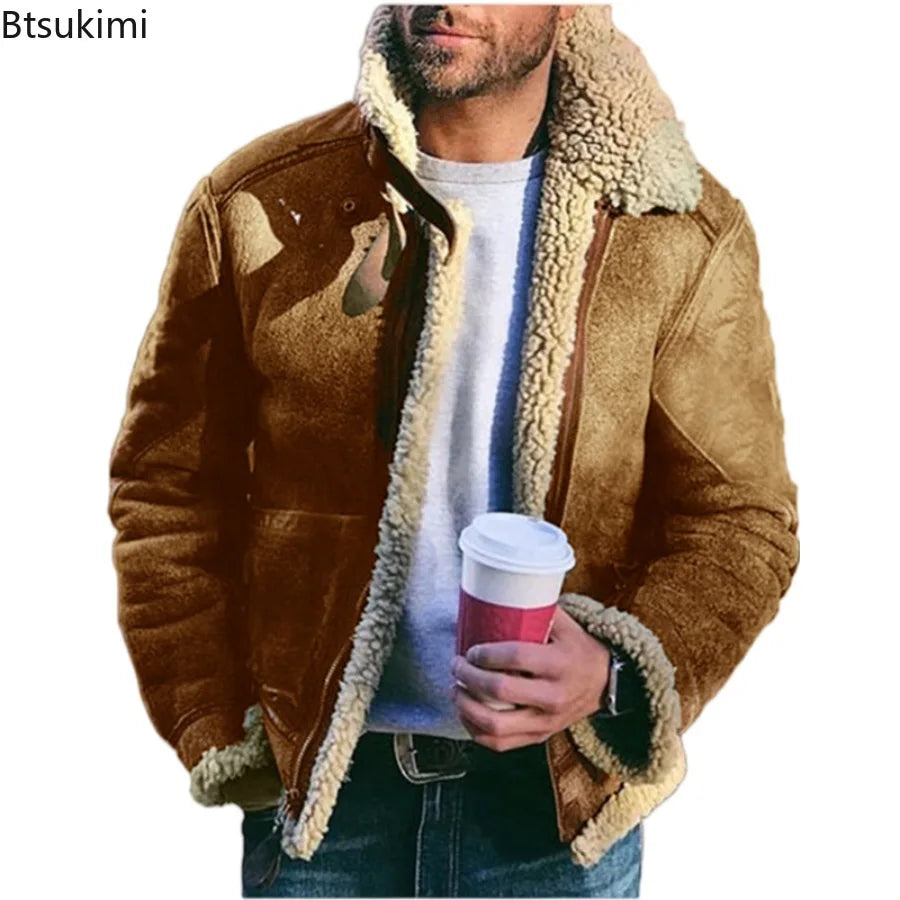 New Men's Winter Jacket Thick Warm Faux Leather Warm Coats Fashion Turn Down Collar Contrasting Color Suede Fur One-Piece Jacket