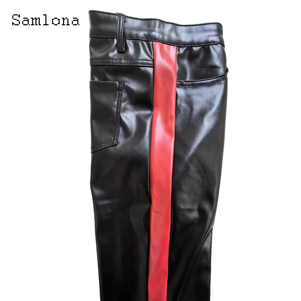 2025 Men's Rock Style PU Leather Pants Sexy Night Club Dance Pants Hommes Side Striped Faux Leather Slim Motorcycle Trousers New