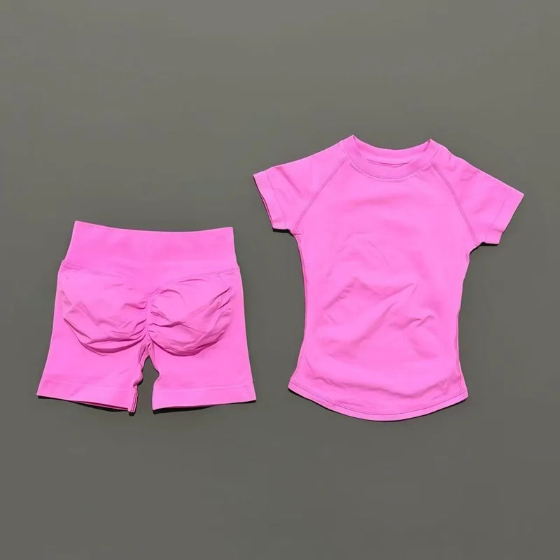 2 Pcs HISTELLO Impact Gym Sets Short Sleeve Seamless Yoga Clothing Fitness Set Women Workout Running Sports Short Leggings Suit