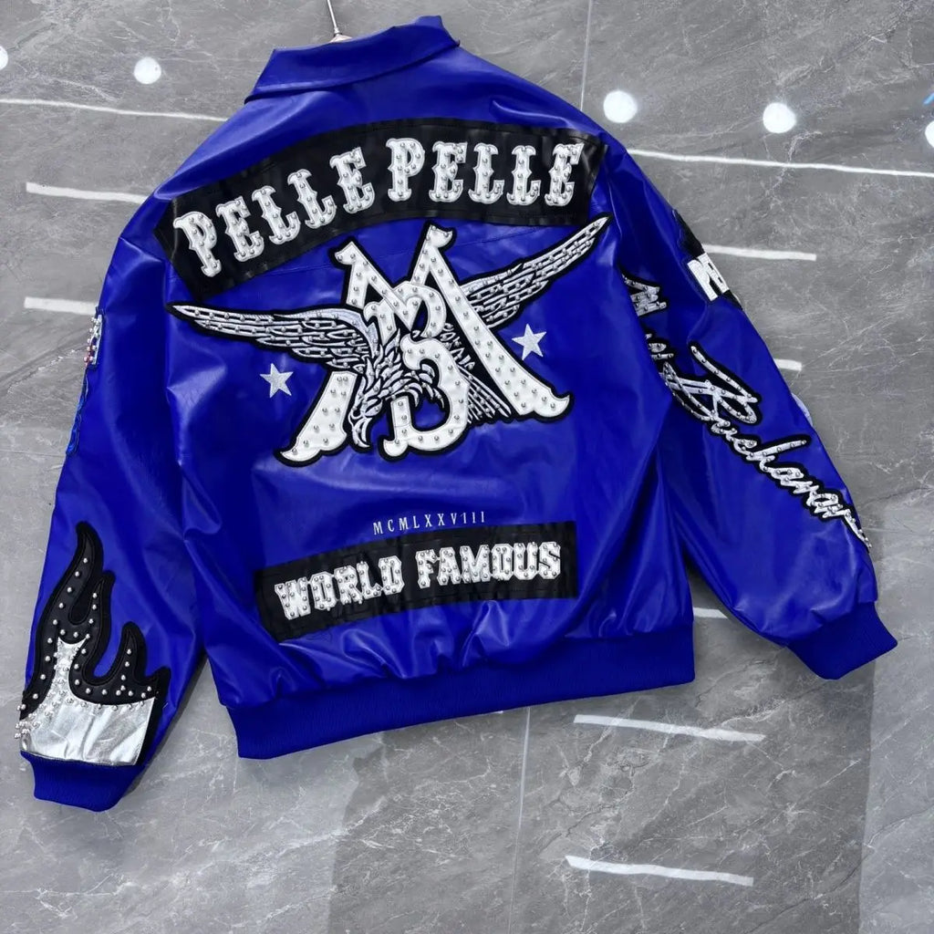 American retro cool design flame decoration hip-hop eagle nail motorcycle embroidery leather jackets winter version mens jacket