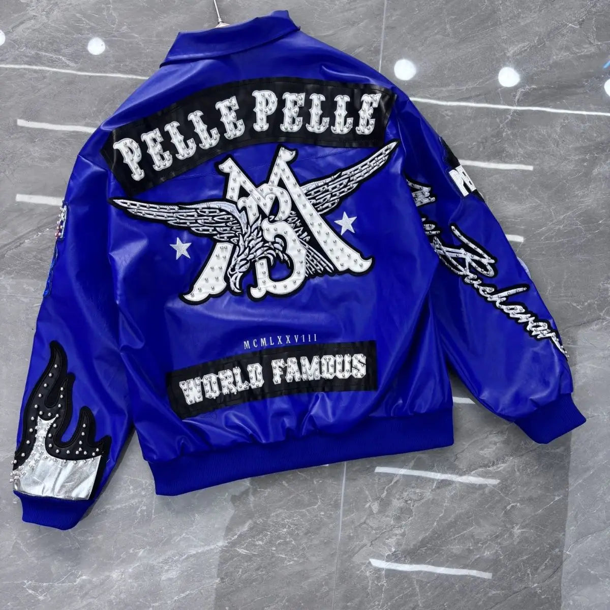 American retro cool design flame decoration hip-hop eagle nail motorcycle embroidery leather jackets winter version mens jacket