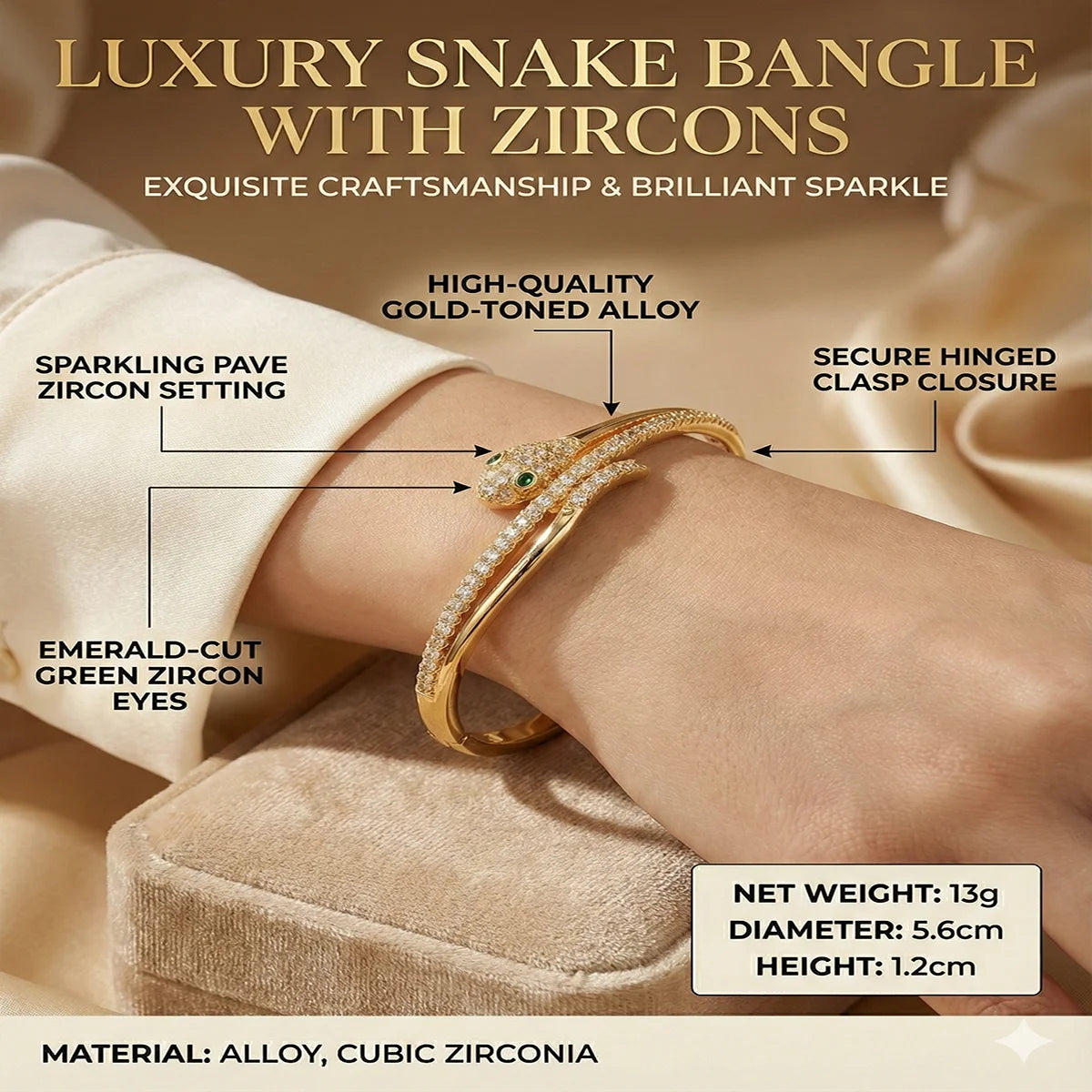 Miallo Trendy Copper Zircon Snake Bracelet 18K Gold Plated Crystal Animal Open Bangle Fashion Wedding Party Jewelry Accessories