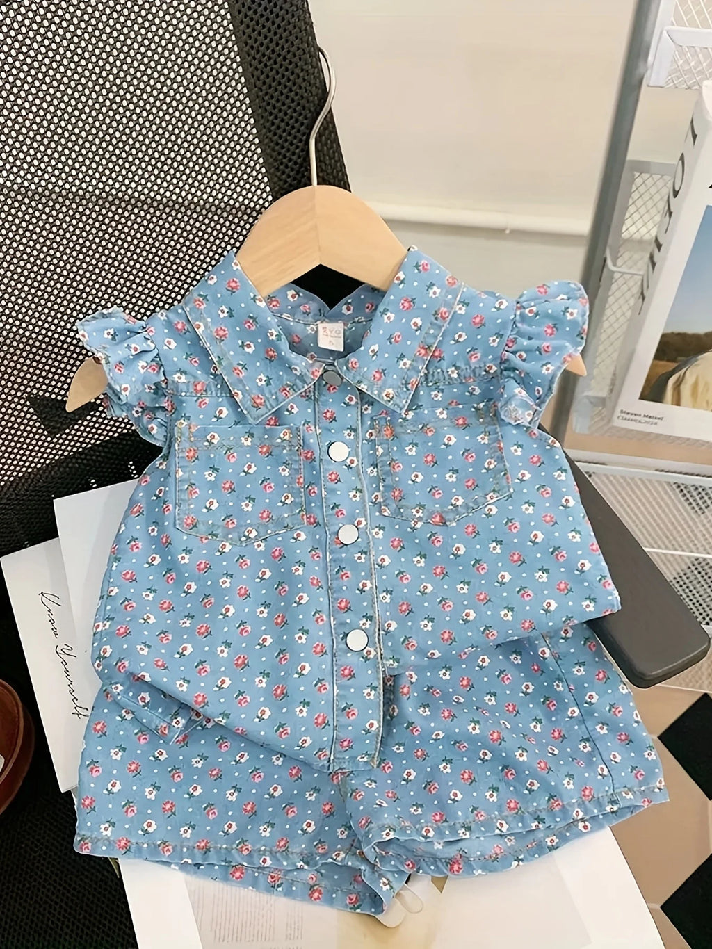 2025 Summer New Foreign-style Thin Section Fly Sleeve Floral Print Short-sleeved Shorts Set, Baby Girl Summer Two-piece Suit