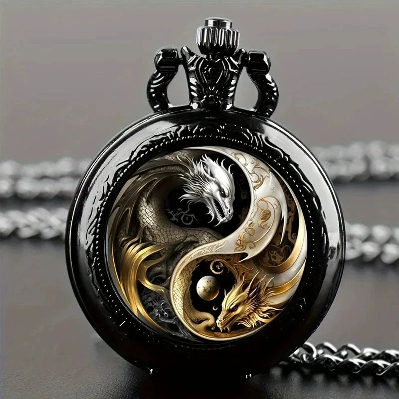Retro Golden And Silvery Double Dragon Quartz Pocket Watch