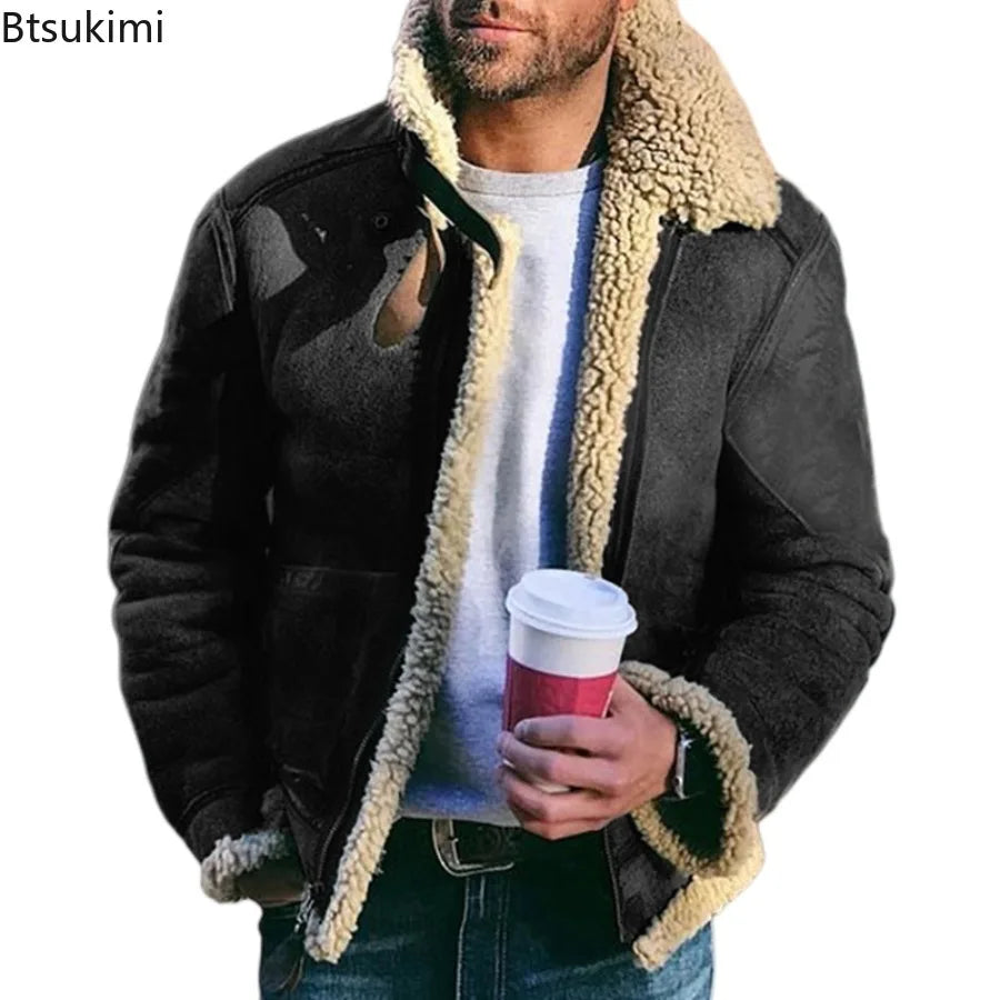 New Men's Winter Jacket Thick Warm Faux Leather Warm Coats Fashion Turn Down Collar Contrasting Color Suede Fur One-Piece Jacket