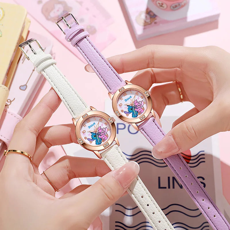 Fashion Cartoon Pattern Stitch Girls Watches Kids Leather Strap Children Watch with Rhinestone Dial reloj stich Exquisite Gift