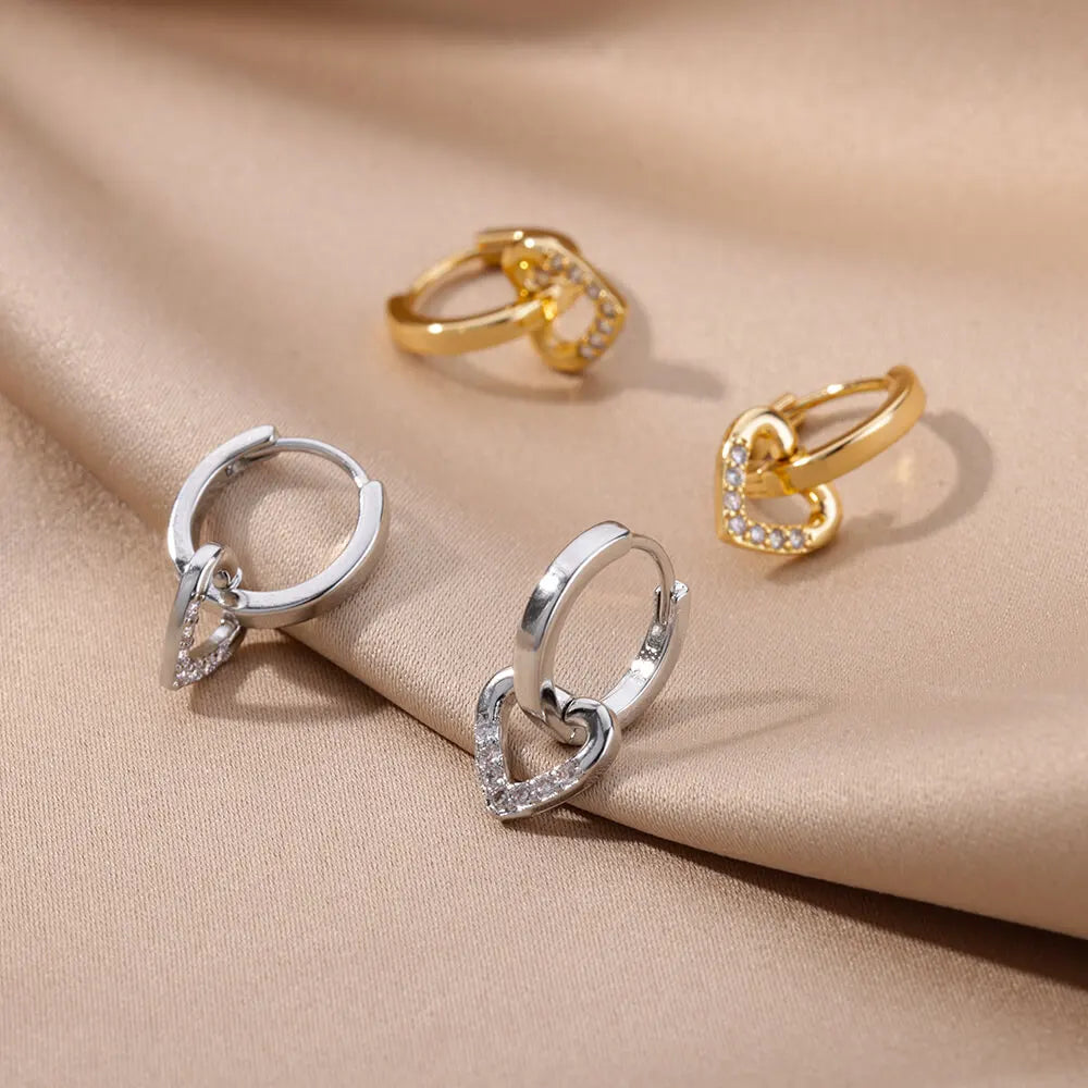 Hollow Zircon Heart Earrings For Women Stainless Steel Gold Color.