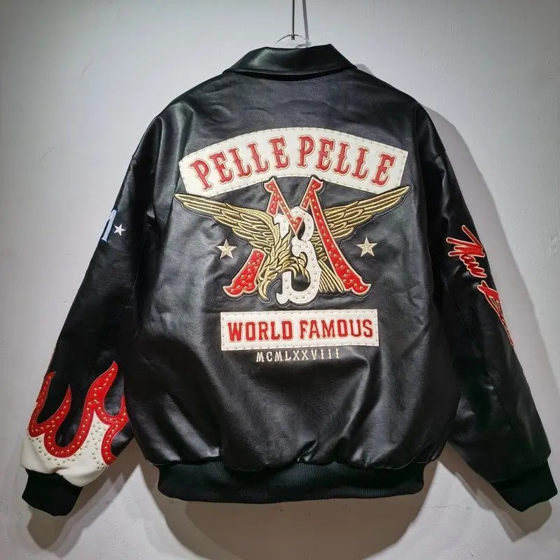 American retro cool design flame decoration hip-hop eagle nail motorcycle embroidery leather jackets winter version mens jacket