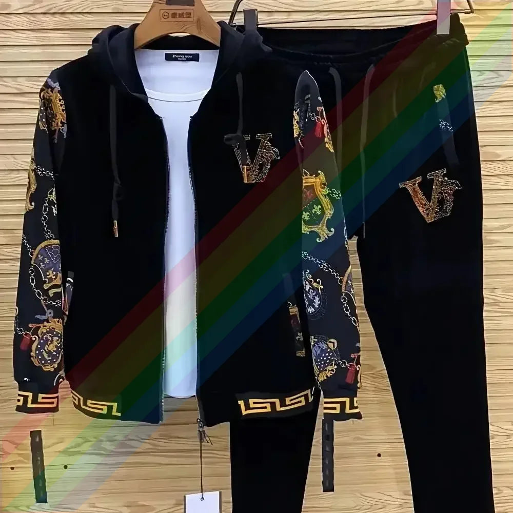 Men's Spring and Autumn Coat 2024 New Gold Velvet Casual Two-Piece Suit Pants Suit All-Match Fashion Fashion
