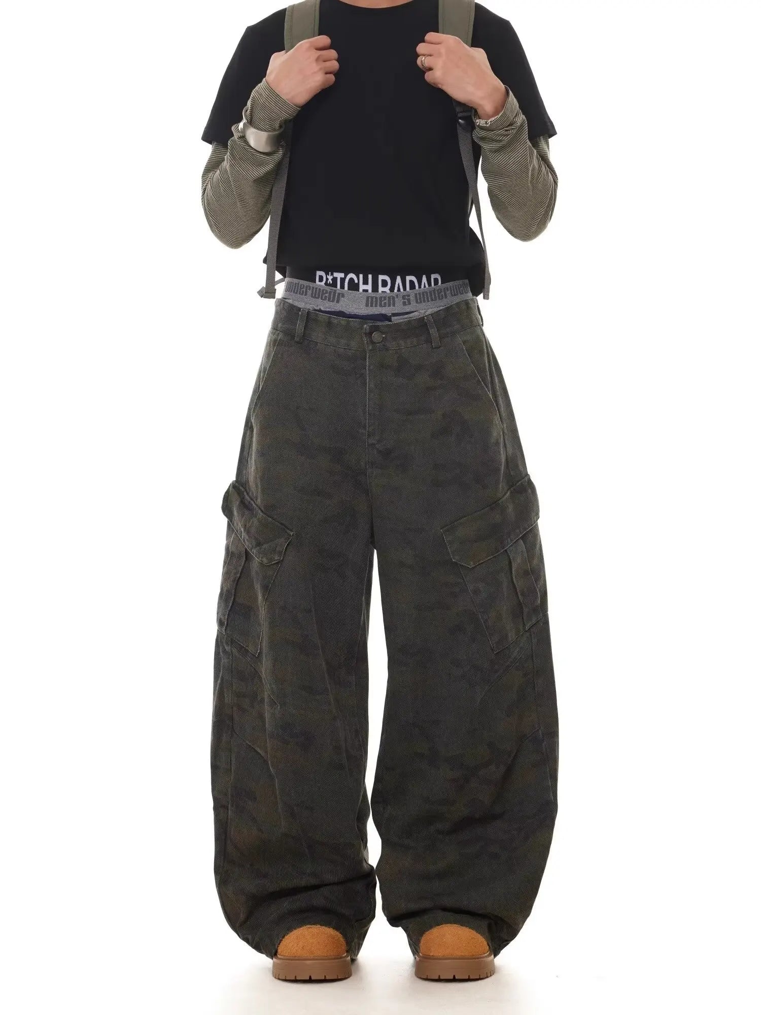 American Retro Multi-pocket Camouflage Silhouette Scimitar Jeans Niche Baggy Wide-leg Sickle Casual Pants Hoodies Men's Clothing