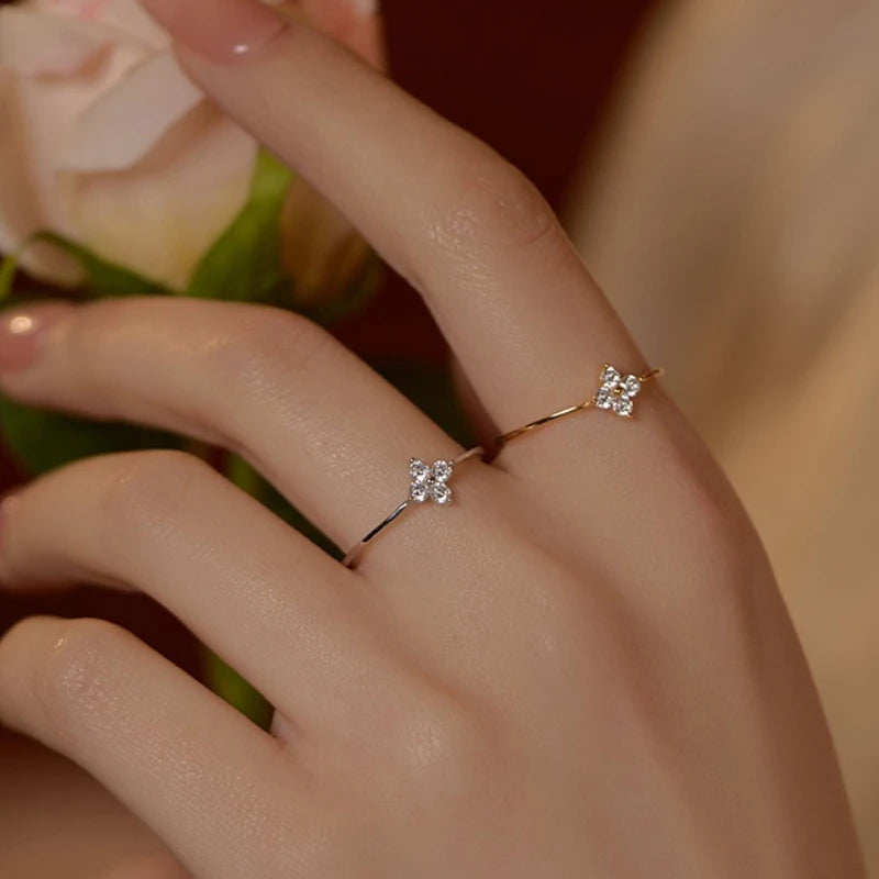 925 Thai Silver Inlaid Four Leaves Clover Zirconia Flower Ring for Women Simple Elegant