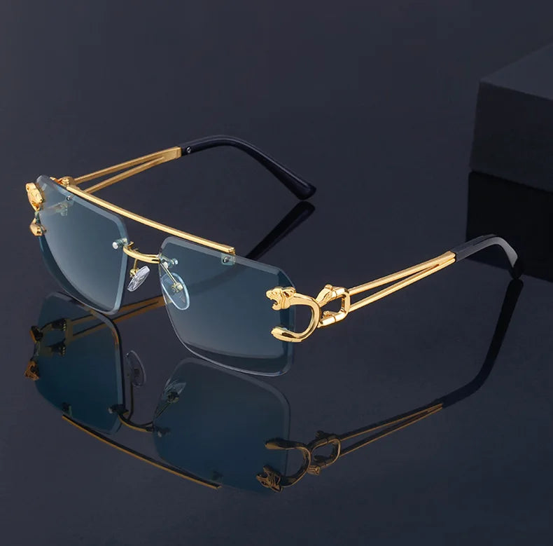 Fashion Metal Leopard Rimless Sunglasses Double Bridges Gradient Ocean Film Shades UV400