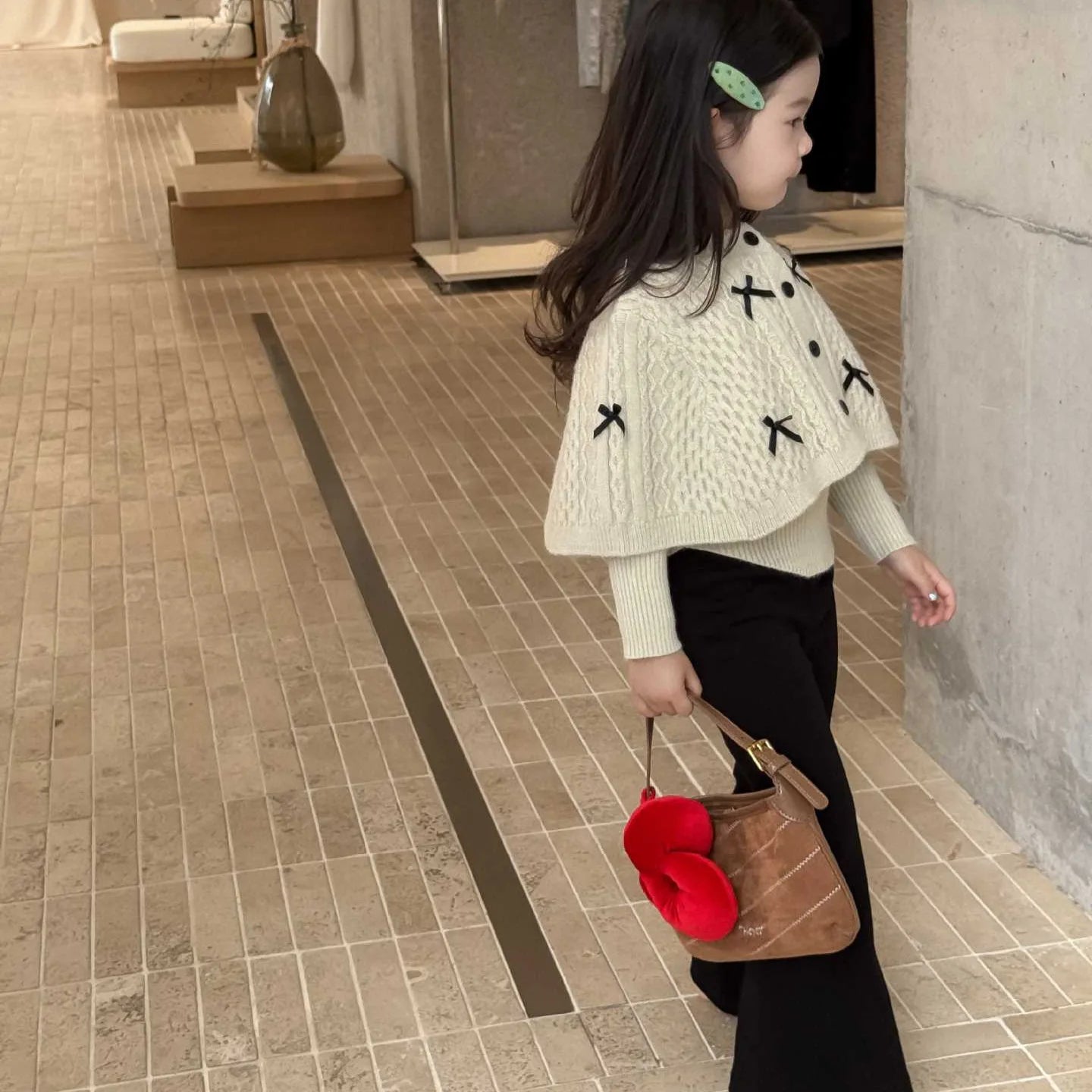 2025 Autumn New Children Clothing Korean Children Clothing Girls Retro Bow Sweater Cape Sweater Two Piece Set