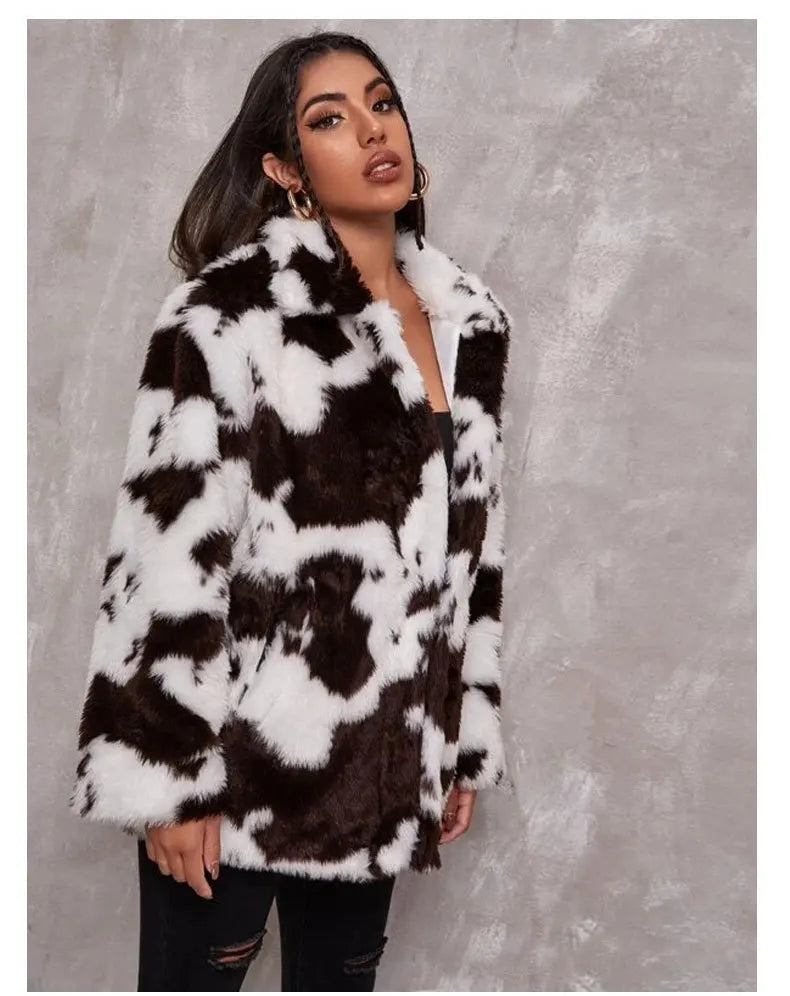 Spring Winter New Fashion Coat Harajuku Cows Printing Loose Full Sleeve Leather Jacket Vintage Flannel Keep Warm Cotton Clothes