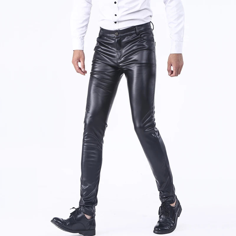 Elastic PU Leather Pants Mens Slim Stretch Trousers Thin Velvet Windproof Motorcycle Trousers Outdoor Work Biker Leather Pants