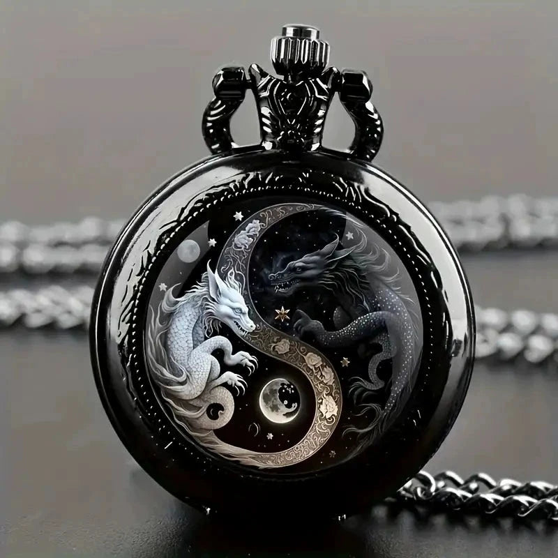 Retro Golden And Silvery Double Dragon Quartz Pocket Watch