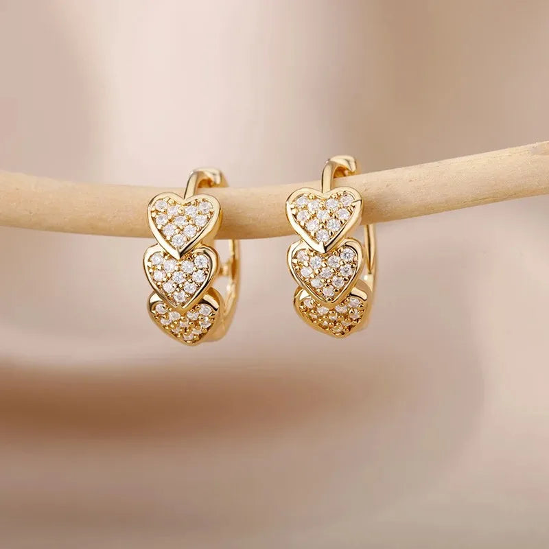 Hollow Zircon Heart Earrings For Women Stainless Steel Gold Color.