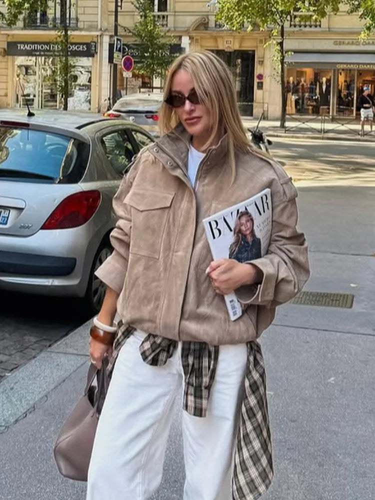 Women Loose Suede Jacket Fashion Long Sleeve Pockets Zipper Oversized Bomber Jacket 2025 Autumn Winter Lady High Street Outwear