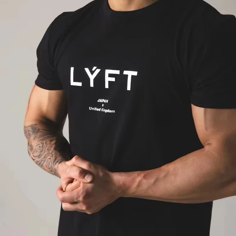 2025 Men's JAPAN LYFT Printed Running T-shirt Cotton Leisure Fitness Gym Fitness Street Wear Large Short Sleeves