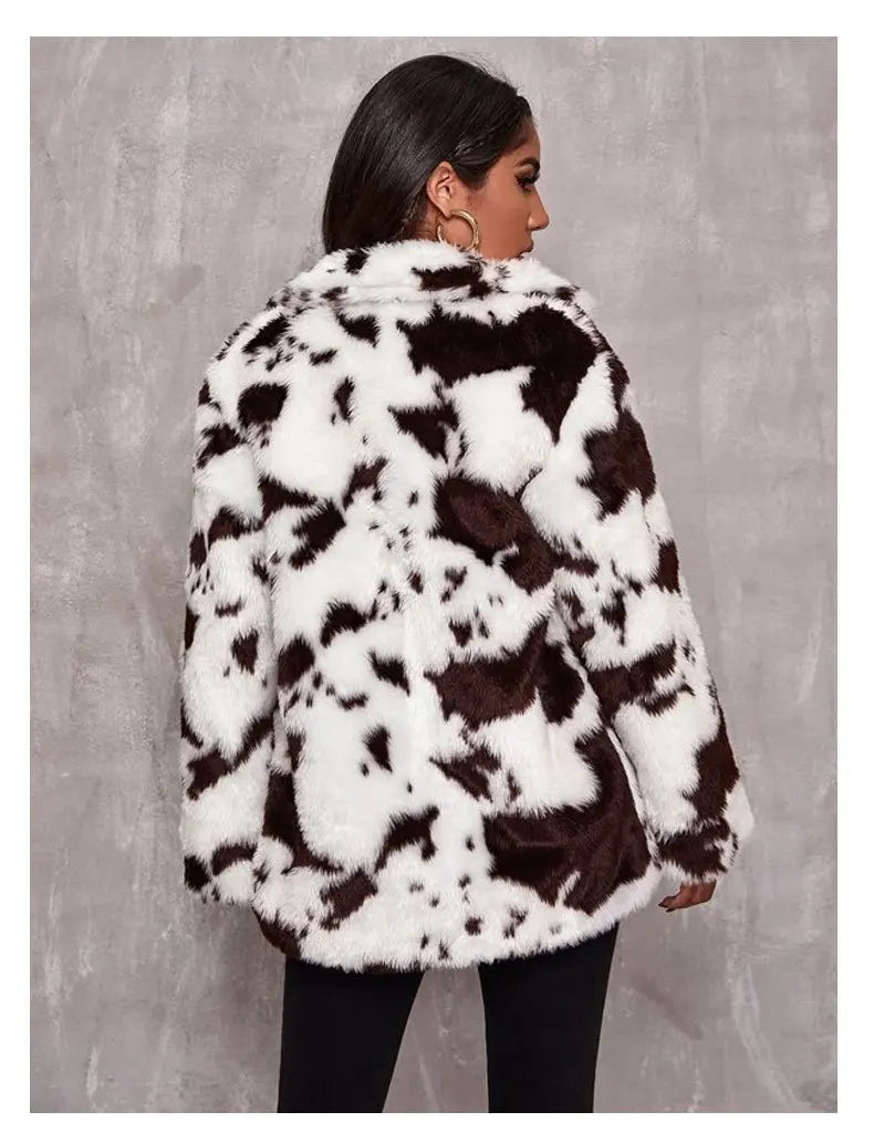 Spring Winter New Fashion Coat Harajuku Cows Printing Loose Full Sleeve Leather Jacket Vintage Flannel Keep Warm Cotton Clothes