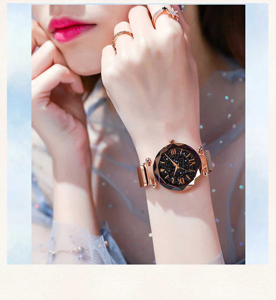 Womens Fashion Starry Sky Watches Magnet Buckle Mesh Belt