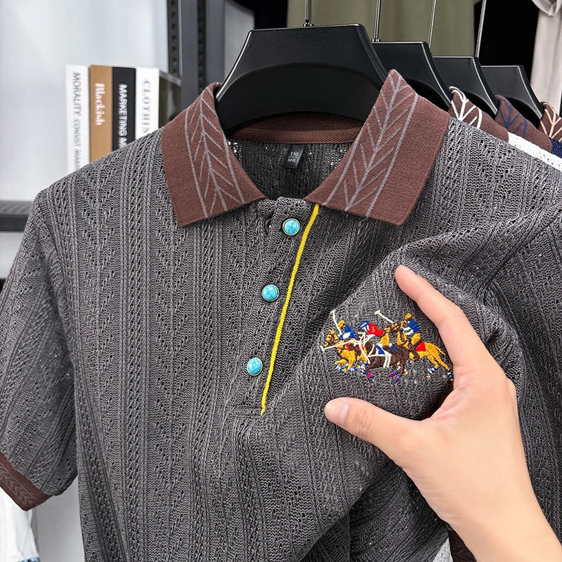 High End Luxury Men's Polo Shirt Lapel Short Sleeve T-Shirt Summer New Horse Embroid Ultra-Thin Breathable Fashion Men'swear Top