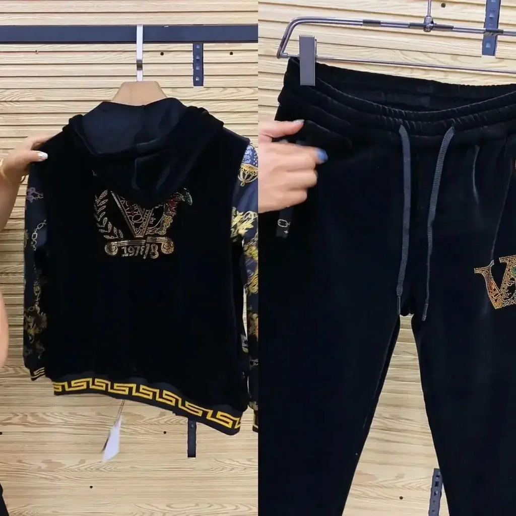 Men's Spring and Autumn Coat 2024 New Gold Velvet Casual Two-Piece Suit Pants Suit All-Match Fashion Fashion