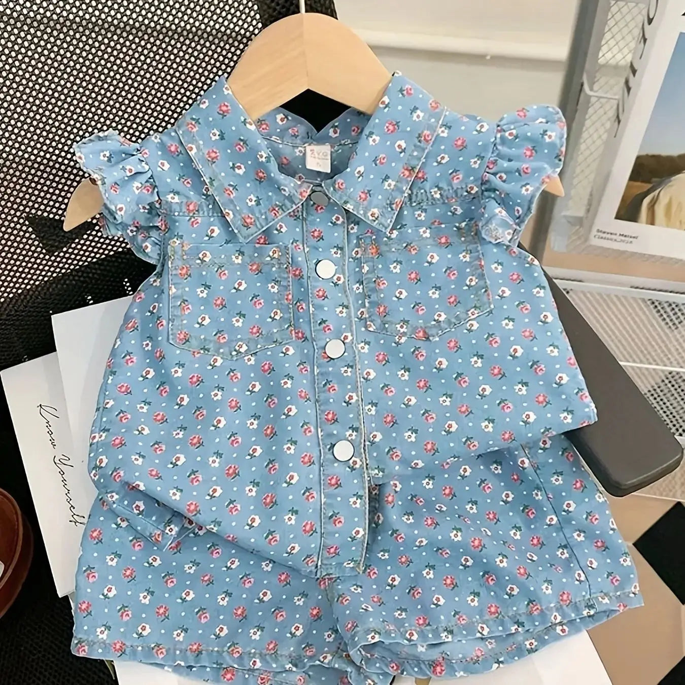 2025 Summer New Foreign-style Thin Section Fly Sleeve Floral Print Short-sleeved Shorts Set, Baby Girl Summer Two-piece Suit