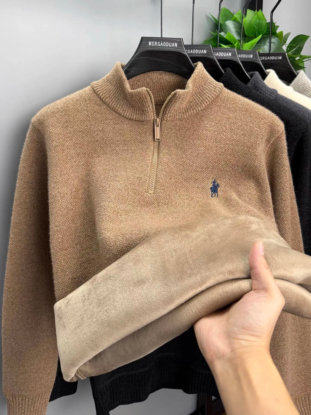 Luxury brand zipper semi high neck sweater men's high-end fashion ponytail golf embroidery winter new velvet warm knit pullover