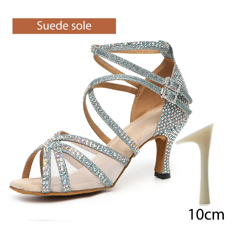 DKZSYIM Rhinestone Women Latin Dance Shoes Latin Salsa Girl Dancing Shoes Black Shiny Ballroom Dance Shoes For Girls Ladies