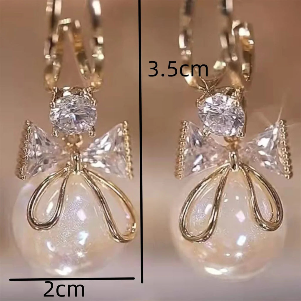 Crystal Bow Earrings with Natural Stone Drop Design Gold Korean Style