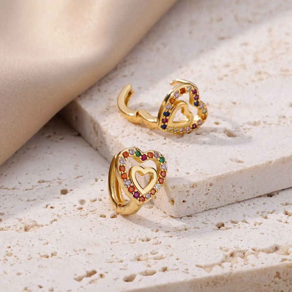 Hollow Zircon Heart Earrings For Women Stainless Steel Gold Color.