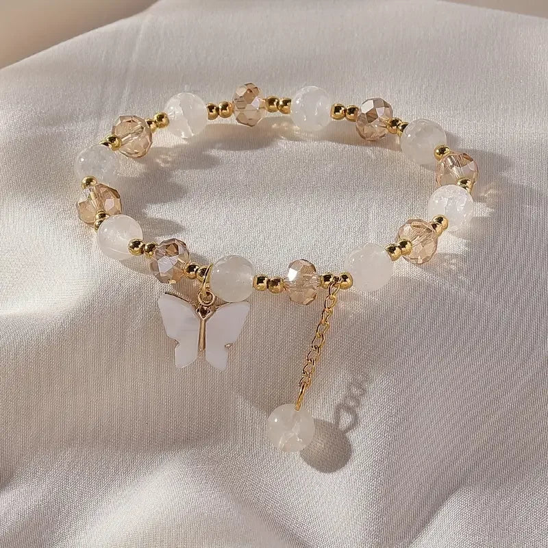 Purple Butterfly Charm Beaded Stretch Bracelet For Women Multi Color Crack Faceted Beads Round Charm Cute Girls Jewelry Gift