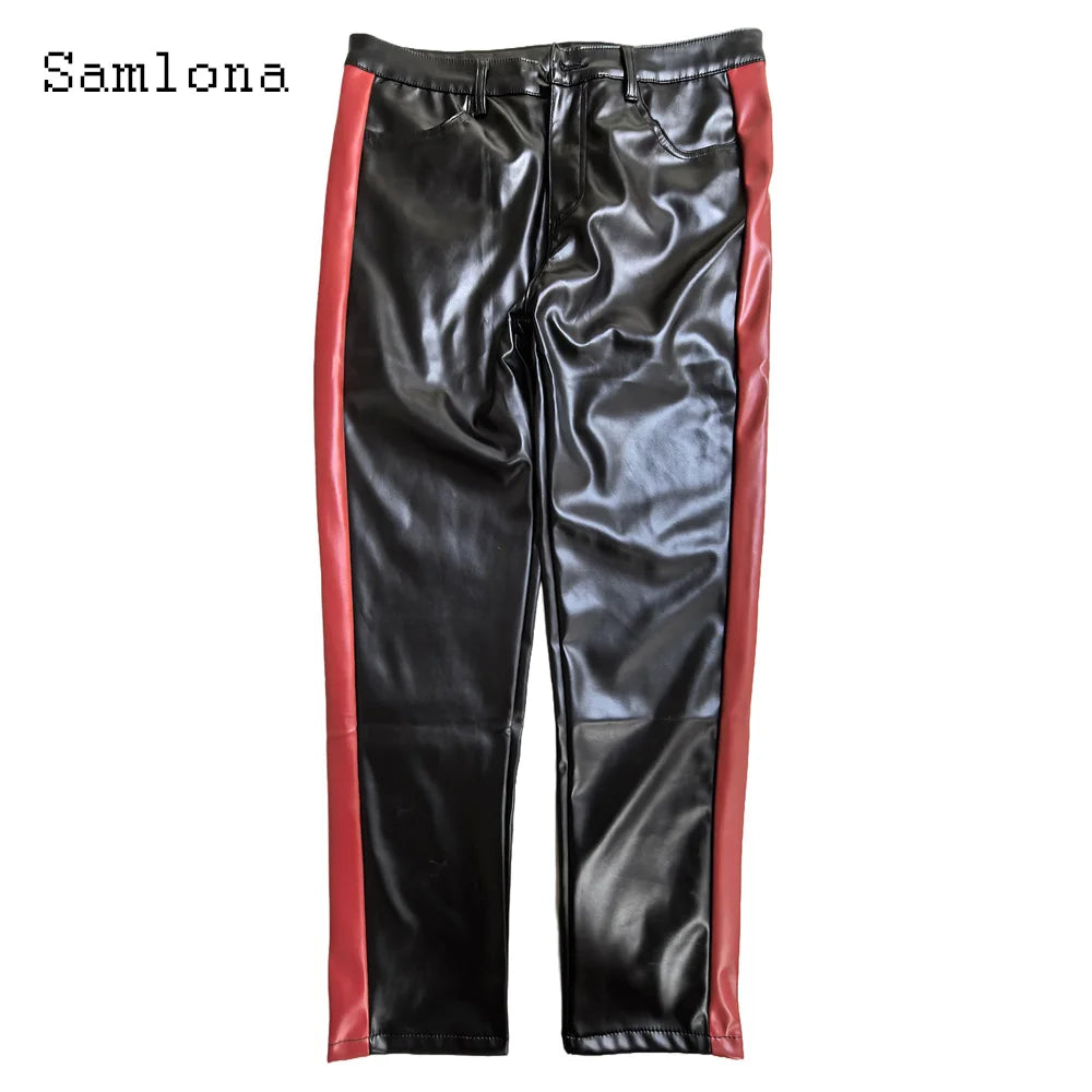 2025 Men's Rock Style PU Leather Pants Sexy Night Club Dance Pants Hommes Side Striped Faux Leather Slim Motorcycle Trousers New