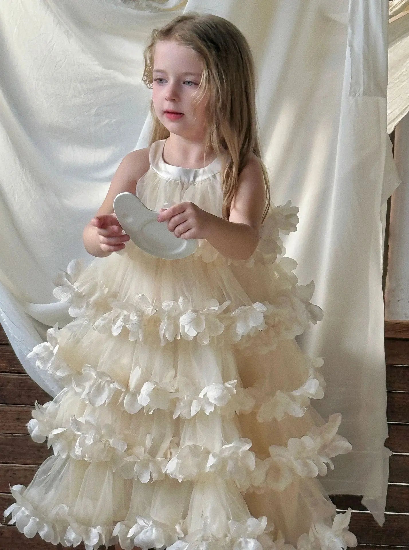 2025 Spring Summer New Children Clothing Girls Neck Hanging Flower Layered Long Dress Korean Children Birthday Princess Dress