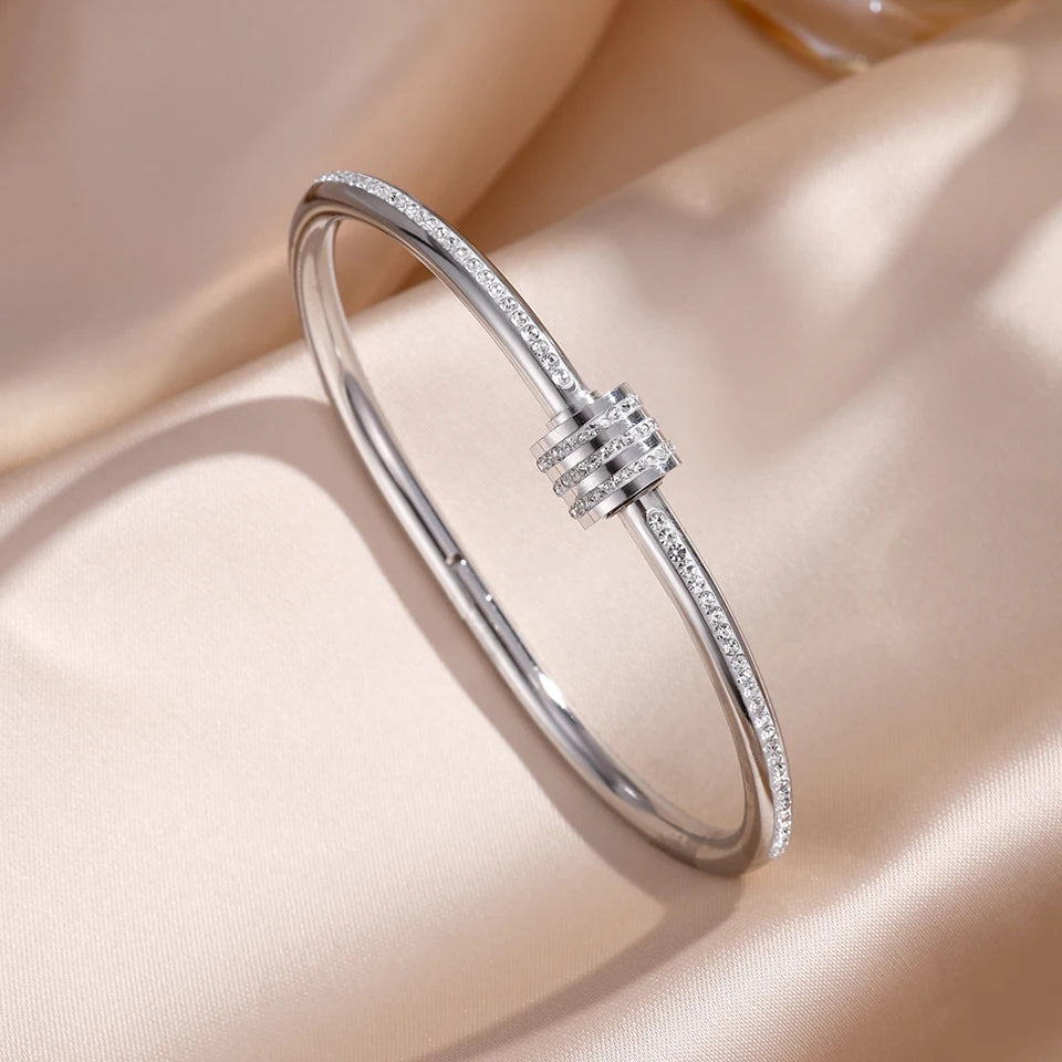 Yupsk 4pcs/1pcs Green Pink Zircon Stainless Steel Bracelet for Women Versatile Stacking Bangles Valentine's Day Jewelry Gift