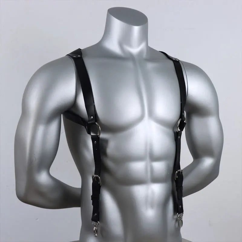 Men Leather Suspenders Body Chest Suspenders Adjustable Buckle Shoulder Armors Straps Punk Black Belt Club Party Rave Costumes